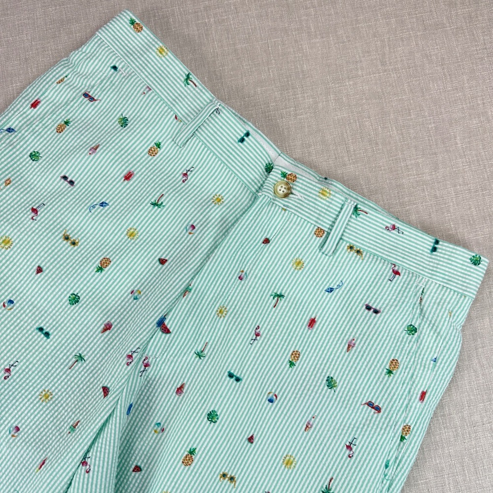 Haspel Shorts Mens 32 Mint Green Seersucker Tropical Flamingo Striped All Over